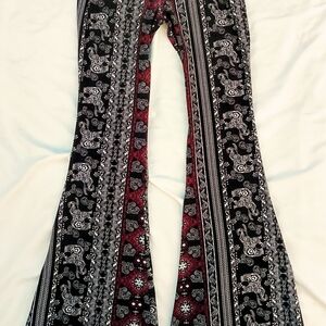 Paisley Boho Elephant Bell Bottoms Stretch Jersey Knit Flare Pants Size Small
